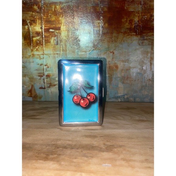 Unbranded Other - Vintage Metal Cigarette Case Cherry Graphic Blue Silver Tone Card Holder Vans